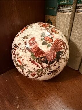 Vintage Crackle Glaze Ceramic Decorative Sphere Rooster and Swallow Motif 4”